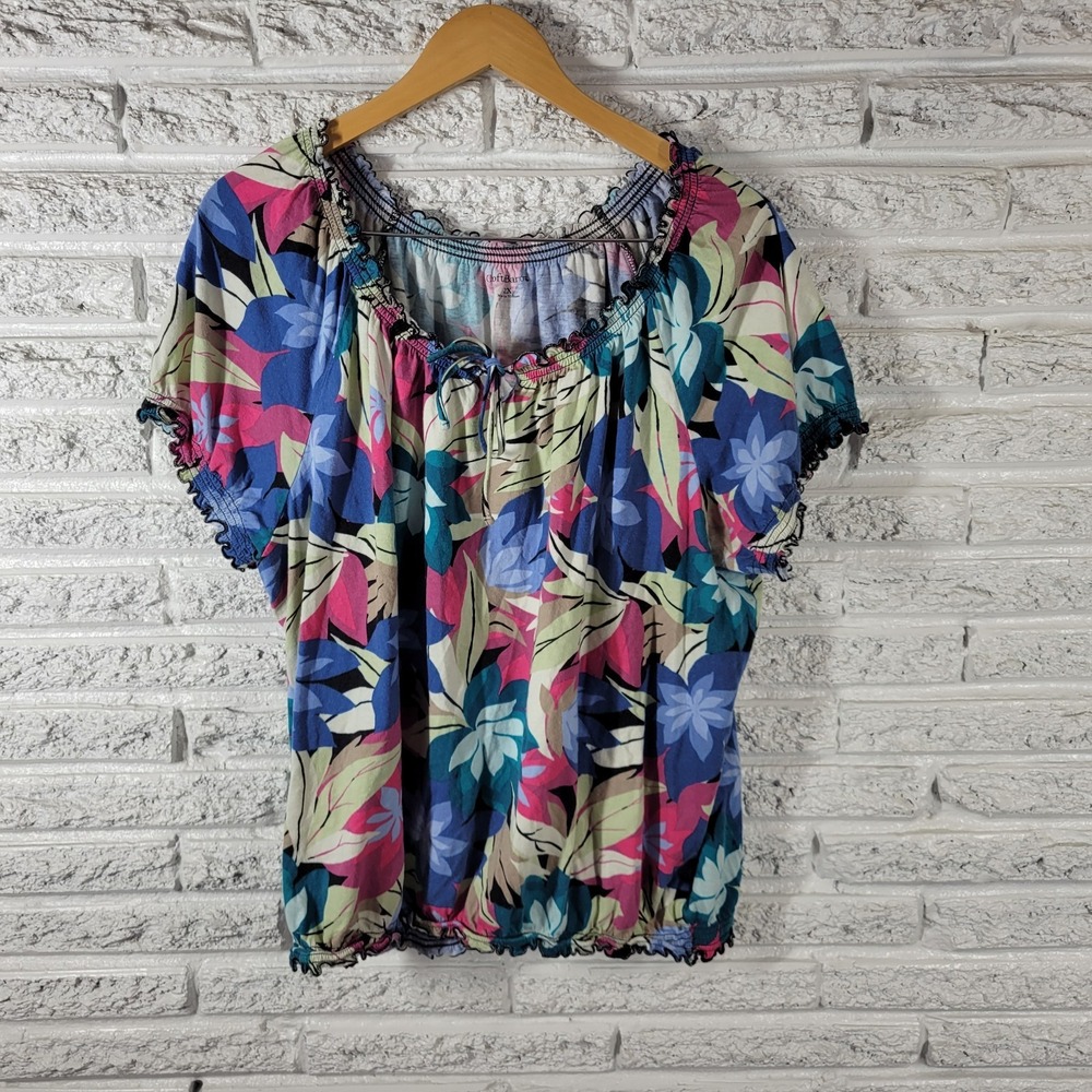 Croft & Barrow Womens 2X Floral Peasant Top Blouse Frilly Keyhole Cotton Blend